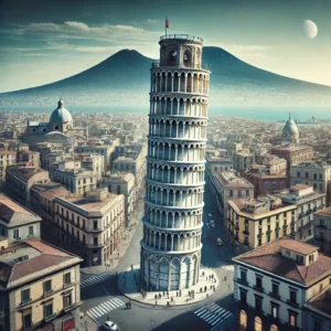 DALL·E 2024-09-16 09.04.30 - A surreal image of the Leaning Tower of Pisa located in Naples, Italy. The iconic tower is set in a Neapolitan cityscape, with views of typical Naples