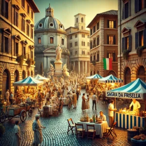 DALL·E 2024-09-16 09.06.42 - A highly realistic, photographic scene of a 'Sagra della Frisella' happening in the streets of Rome. The image captures Roman landmarks like cobblesto