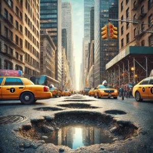 DALL·E 2024-09-16 09.07.59 - A highly realistic and photographic scene of potholes in the streets of New York City. The image shows busy city streets with iconic yellow taxis, tal