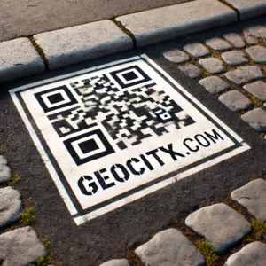 DALL·E-2024-08-30-01.40.46-A-realistic-image-of-a-stencil-design-applied-on-asphalt.-The-stencil-features-a-clear-QR-code-and-the-text-GeoCityX.com-both-in-a-bold-readable-f