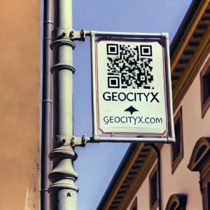 DALL·E-2024-08-30-01.45.26-A-classic-street-sign-with-a-modern-twist-featuring-a-QR-code-and-the-text-GeoCityX.com_.-The-sign-is-designed-in-a-traditional-Italian-style-with-